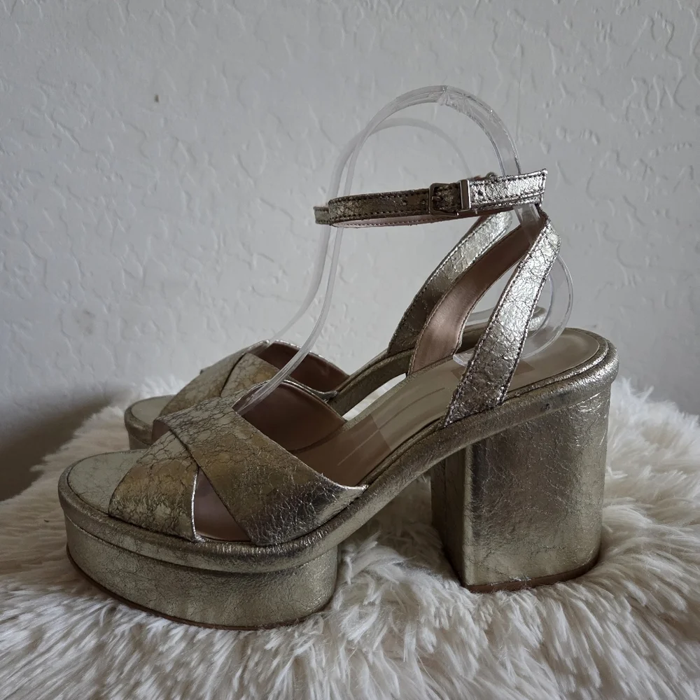 Dolce Vita Laisha Distressed Leather Platform Heels Sandals Gold Size 9.5